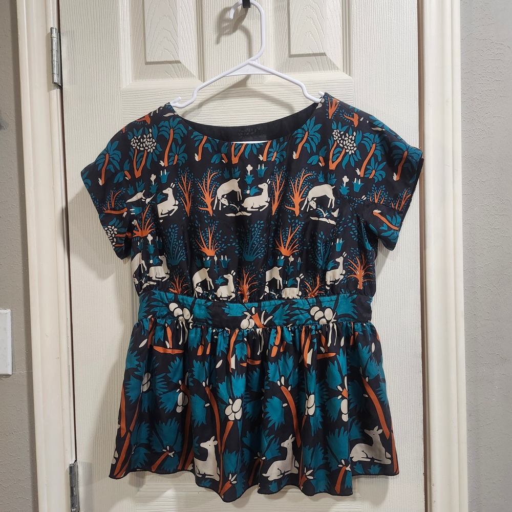 Anna Sui for Anthropologie Deer Palm Print Peplum Silk Top Navy Blue Teal Size 8